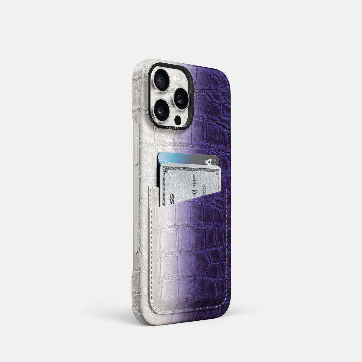 Purple iPhone 16 Pro Card Case Himalayan Crocodile with Black Metal -2 | Purple-Black