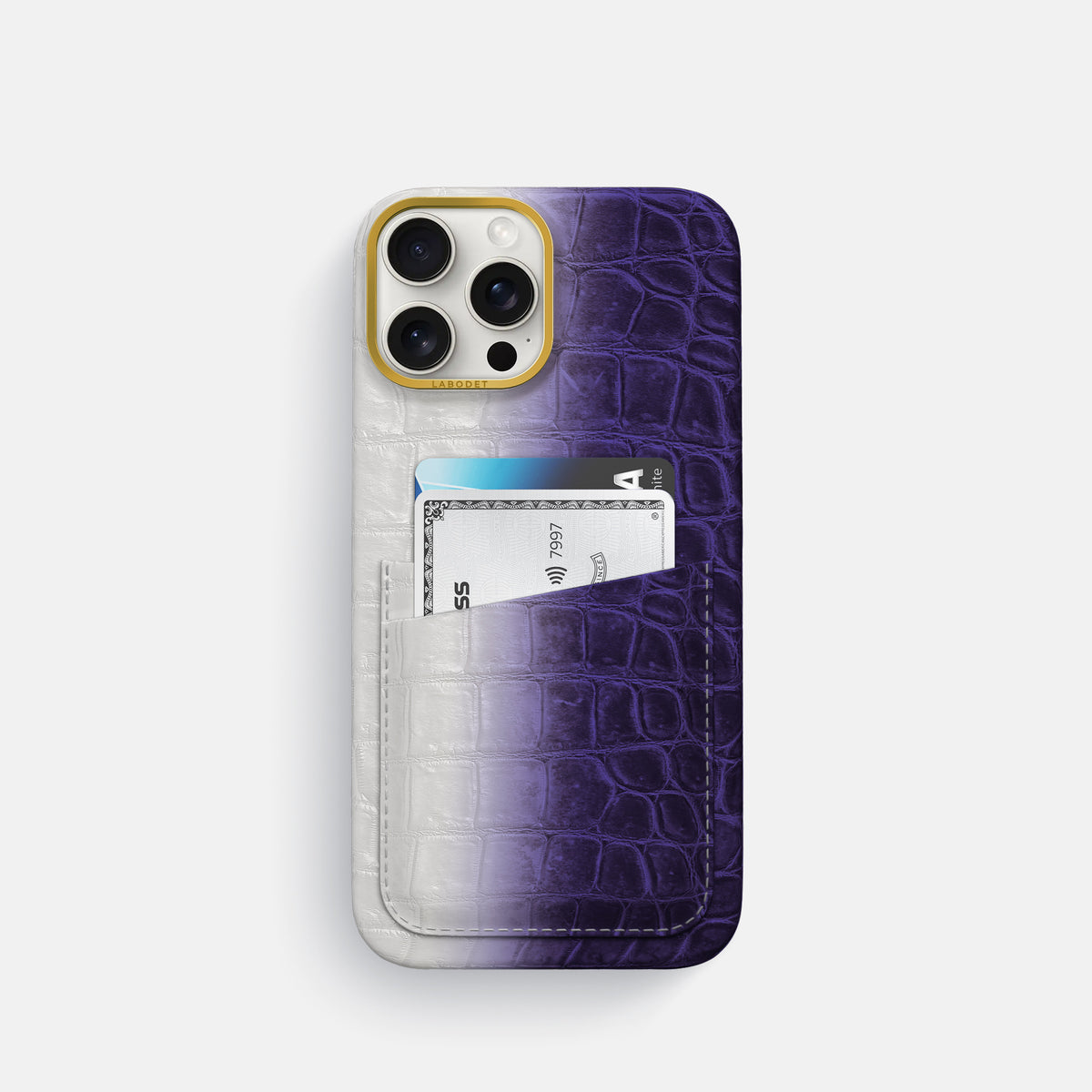Purple iPhone 16 Pro Card Case Himalayan Crocodile with Gold Metal -1 | Purple-Gold