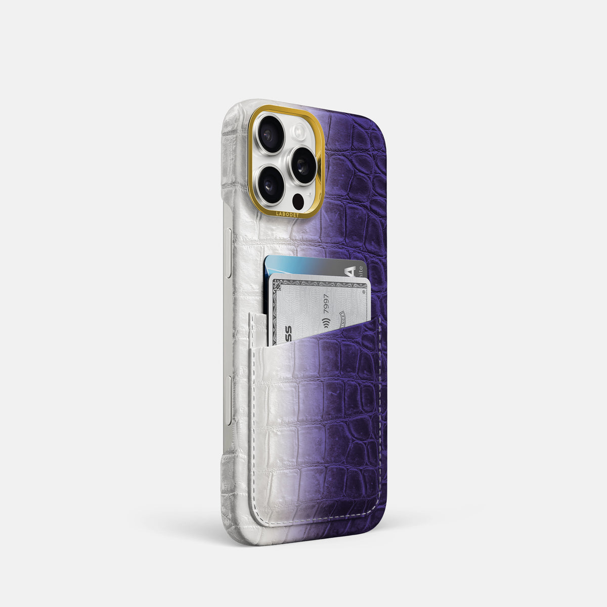 Purple iPhone 16 Pro Card Case Himalayan Crocodile with Gold Metal -2 | Purple-Gold
