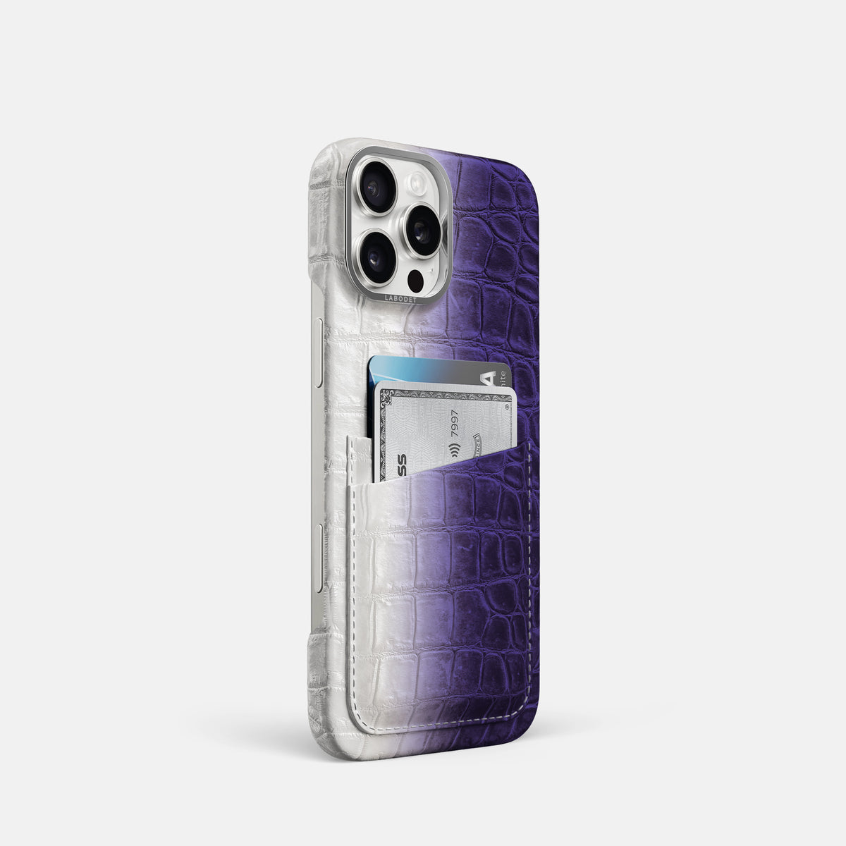 Purple iPhone 16 Pro Card Case Himalayan Crocodile with Steel Metal -2 | Purple-Steel