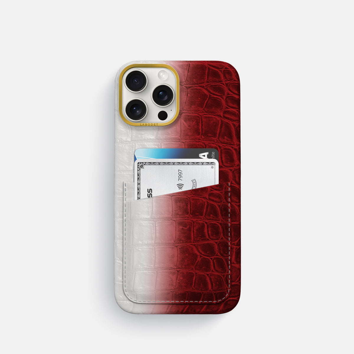 Red iPhone 16 Pro Card Case Himalayan Crocodile with Gold Metal -1 | Red-Gold