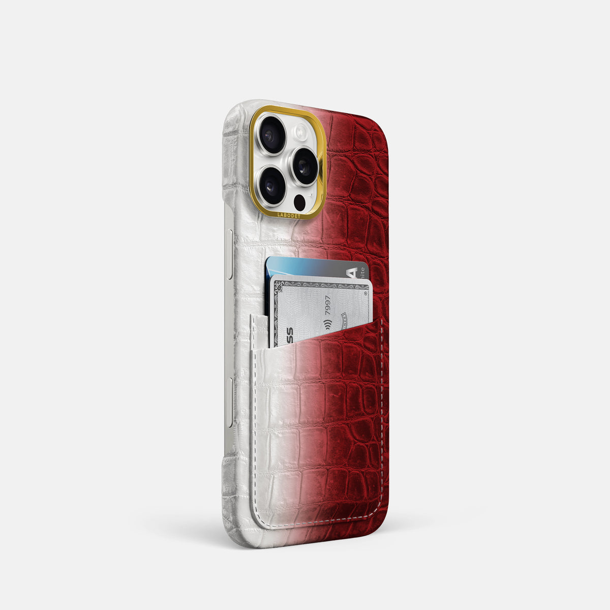 Red iPhone 16 Pro Card Case Himalayan Crocodile with Gold Metal -2 | Red-Gold
