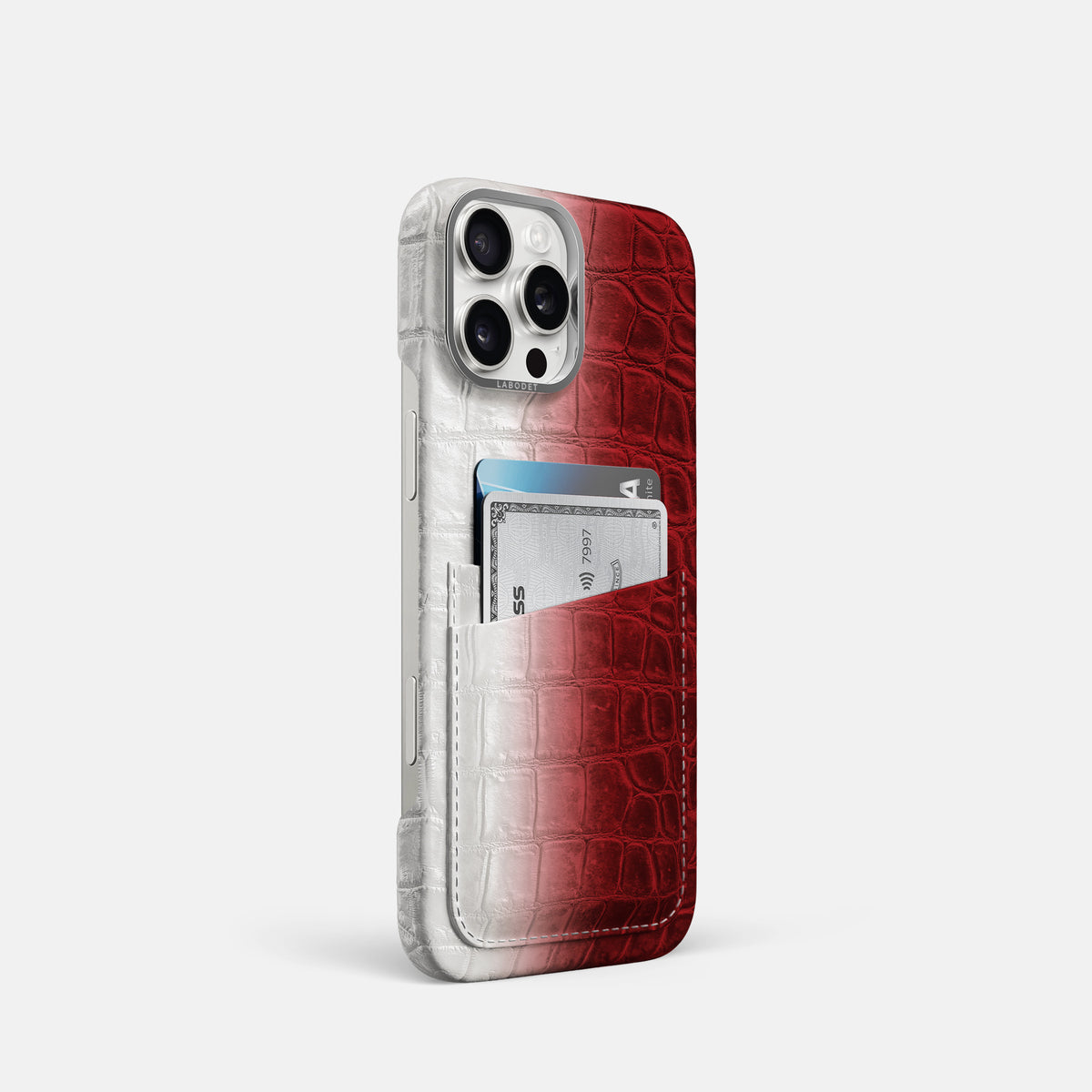 Red iPhone 16 Pro Card Case Himalayan Crocodile with Steel Metal -2 | Red-Steel