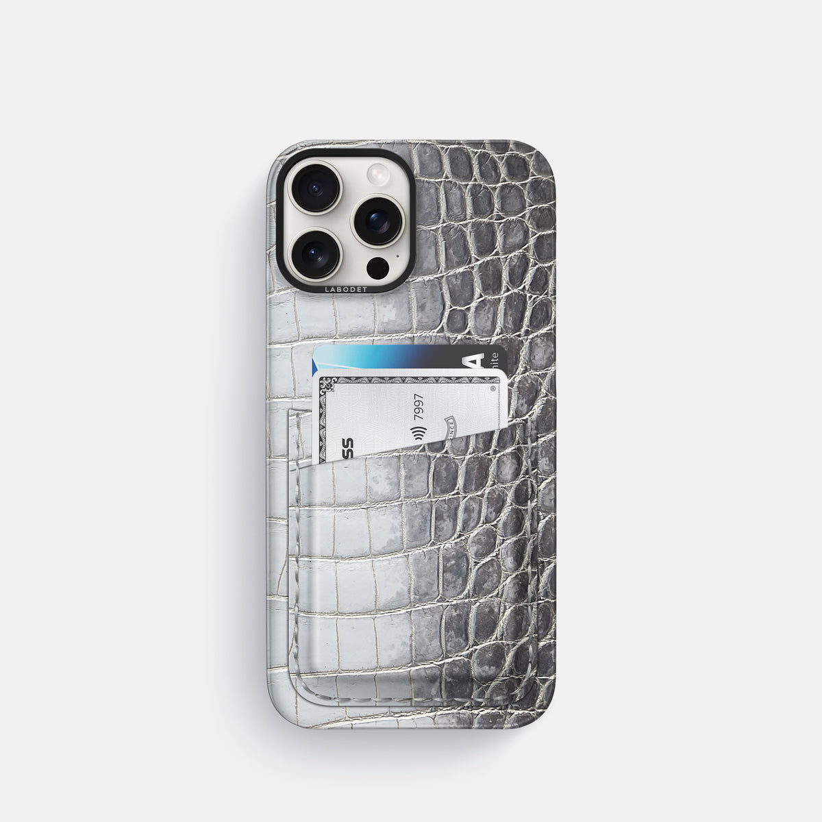 Silver iPhone 16 Pro Card Case Himalayan Crocodile with Black Metal -1 | Silver-Black