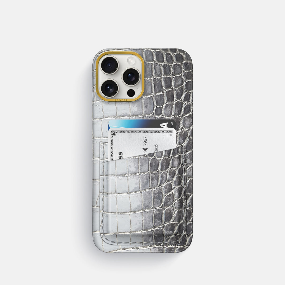 Silver iPhone 16 Pro Card Case Himalayan Crocodile with Gold Metal -1 | Silver-Gold