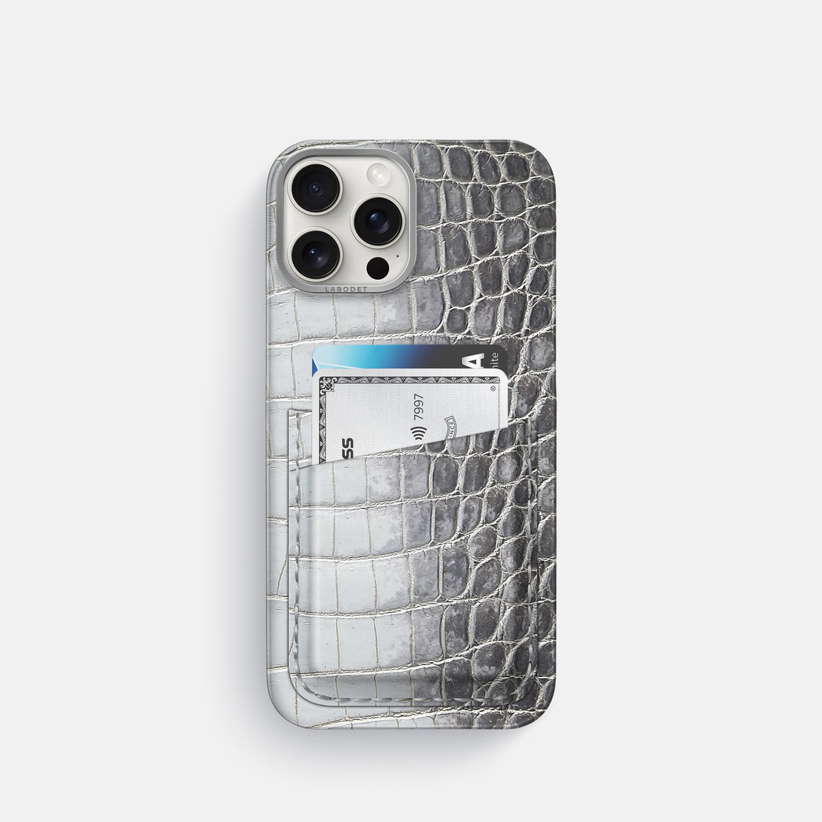 Silver iPhone 16 Pro Card Case Himalayan Crocodile with Steel Metal -1 | Silver-Steel