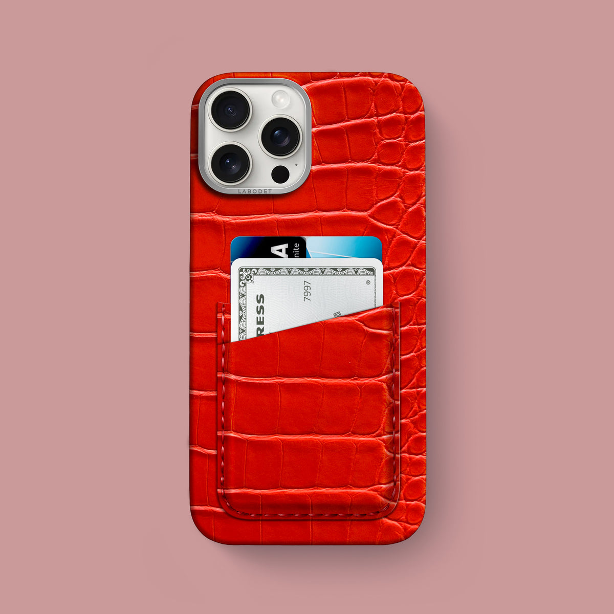 iPhone 16 Pro Max Double Card Case 1/1 Deep Coral Alligator with Steel Metal -1 | Deep-Coral-Steel