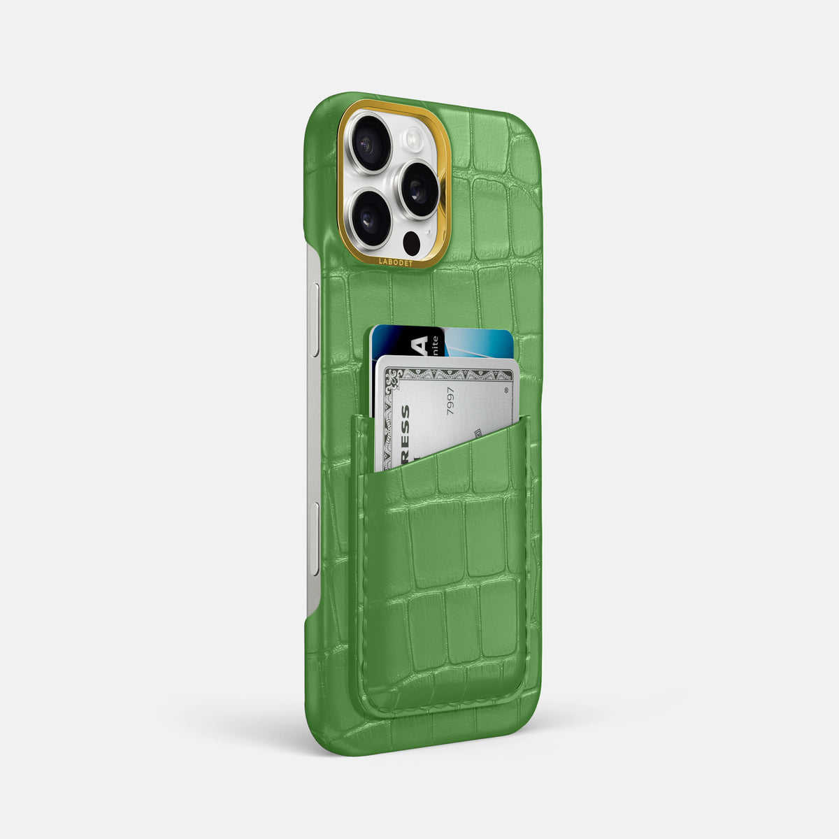Apple-Green iPhone 16 Pro Max Double Card In Alligator with Gold Metal -2 | Apple-Green-Gold