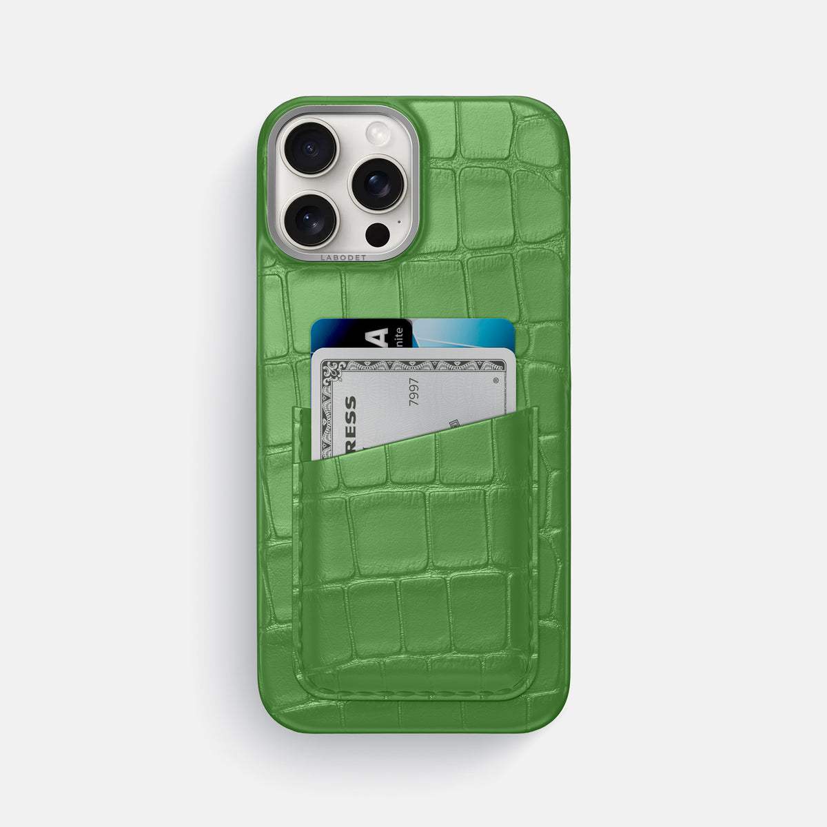 Apple-Green iPhone 16 Pro Max Card Case Alligator with Steel Metal -1 | Apple-Green-Steel