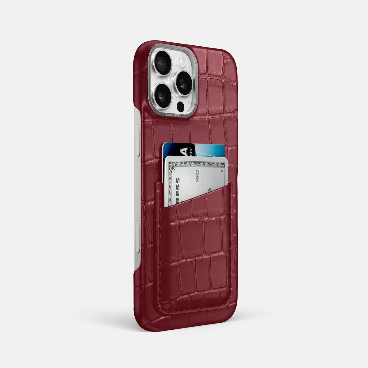 Burgundy iPhone 16 Pro Max Card Case Alligator with Steel Metal -2 | Burgundy-Steel