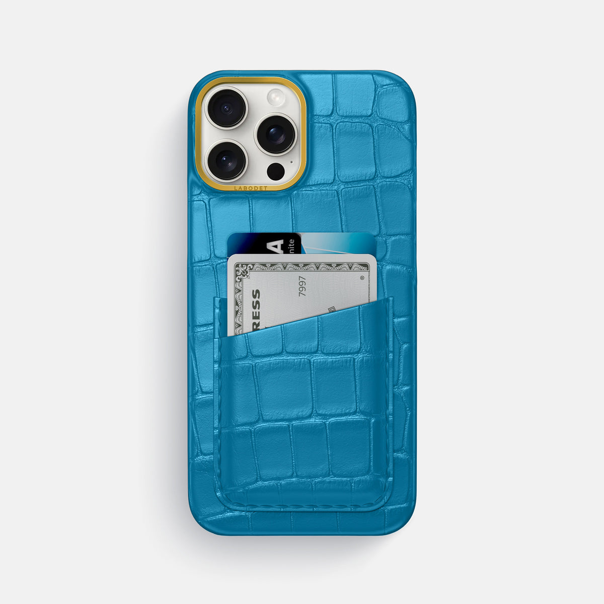 Curaçao-Blue iPhone 16 Pro Max Double Card In Alligator with Gold Metal -1 | Curaçao-Blue-Gold