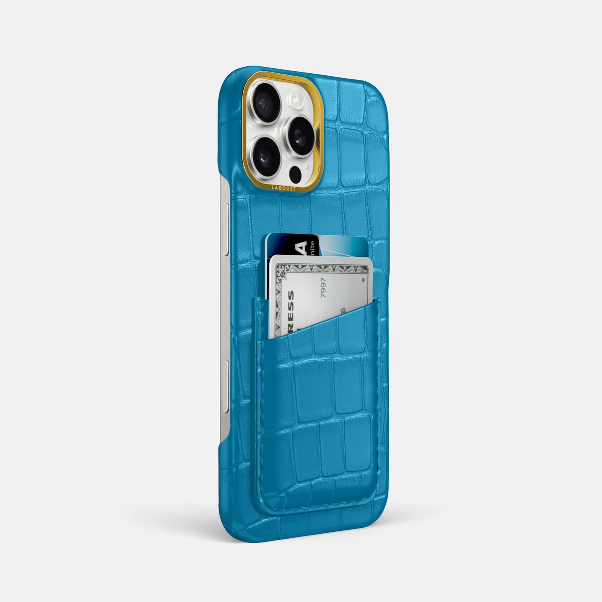 Curaçao-Blue iPhone 16 Pro Max Double Card In Alligator with Gold Metal -2 | Curaçao-Blue-Gold