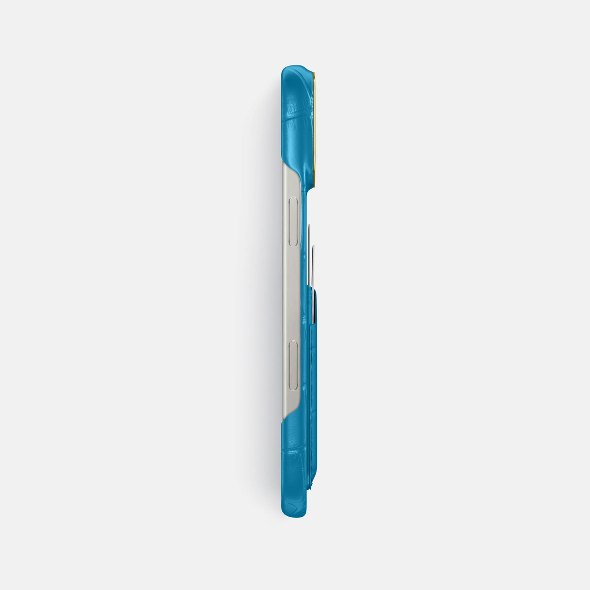 Curaçao-Blue iPhone 16 Pro Max Double Card In Alligator with Gold Metal -3 | Curaçao-Blue-Gold