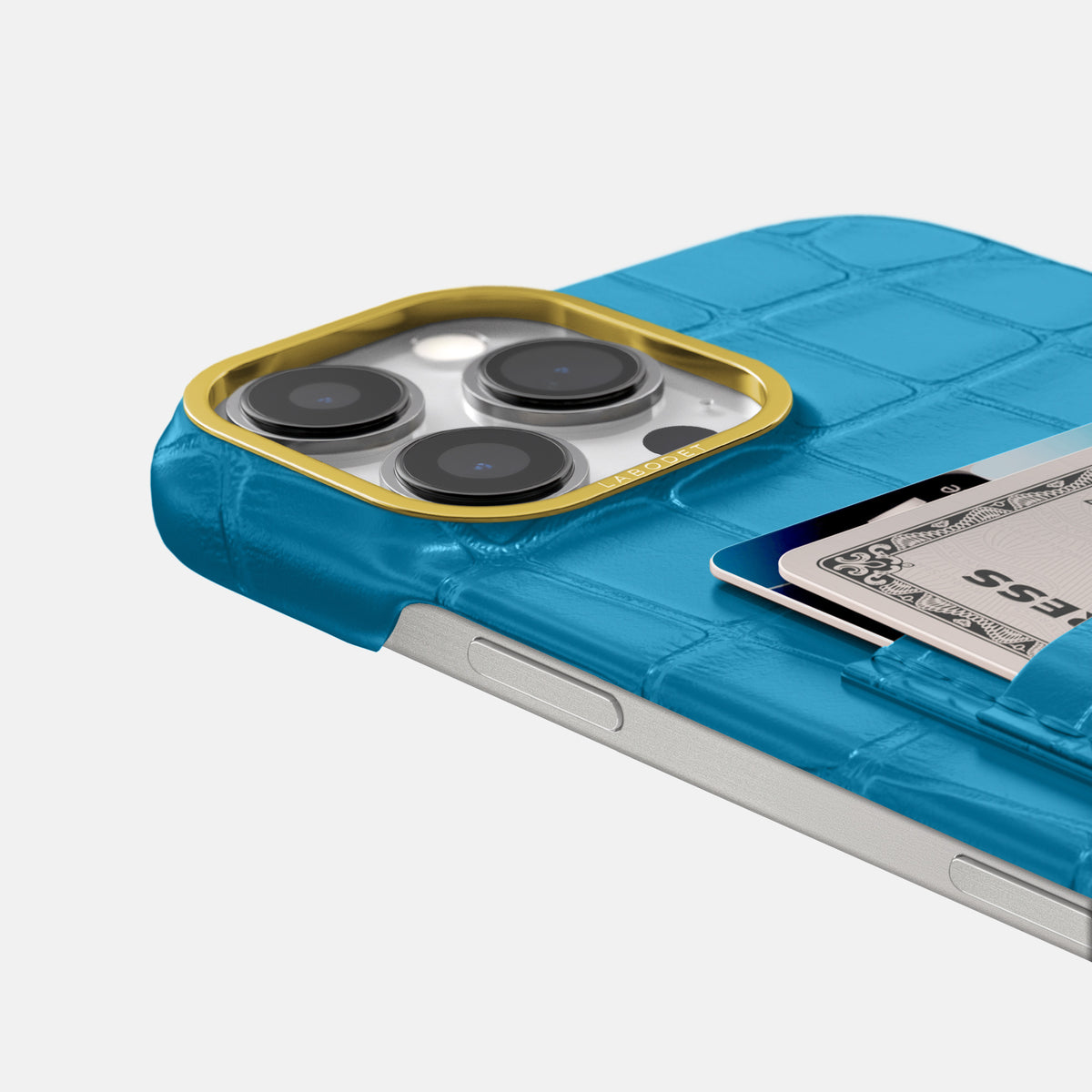 Curaçao-Blue iPhone 16 Pro Max Double Card In Alligator with Gold Metal -5 | Curaçao-Blue-Gold