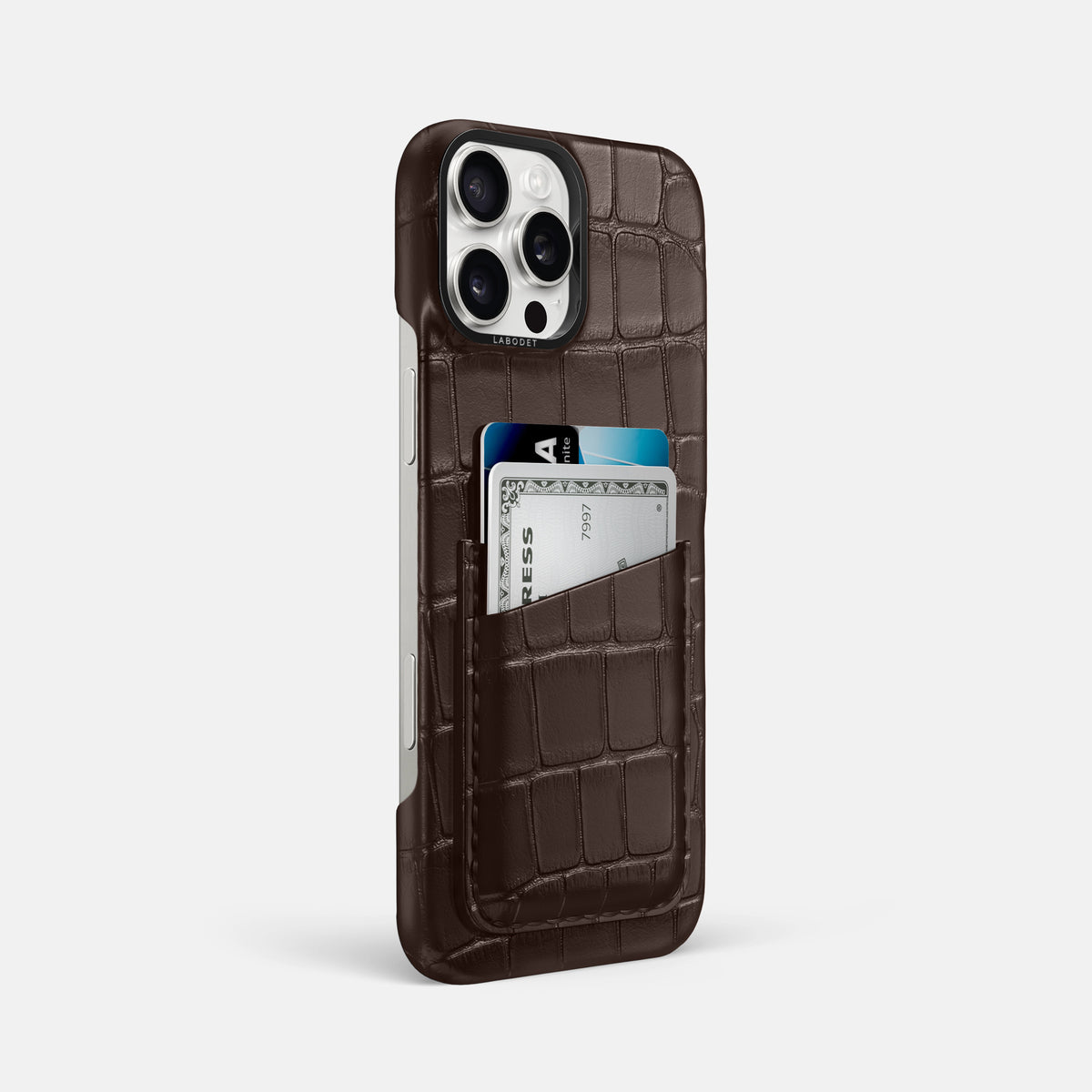 Dark-Brown iPhone 16 Pro Max Card Case Alligator with Black Metal -2 | Dark-Brown-Black