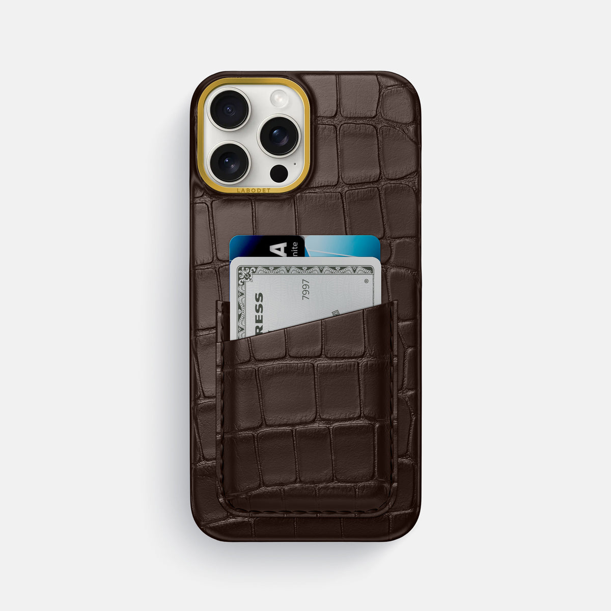 Dark-Brown iPhone 16 Pro Max Double Card In Alligator with Gold Metal -1 | Dark-Brown-Gold