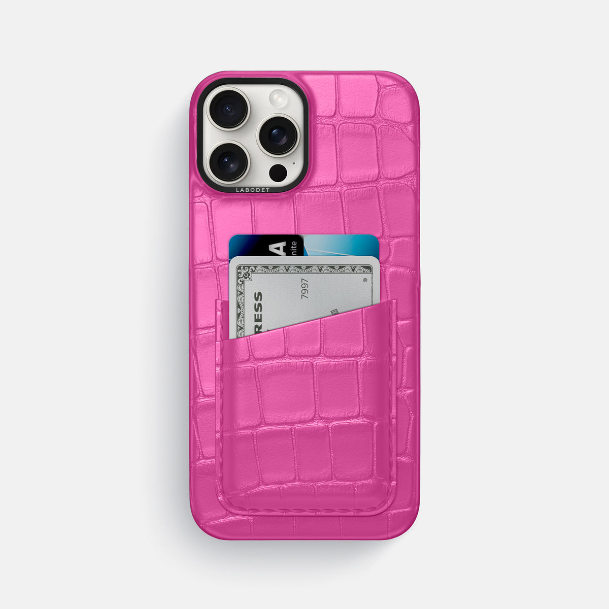 Fuchsia iPhone 16 Pro Max Card Case Alligator with Black Metal -1 | Fuchsia-Black