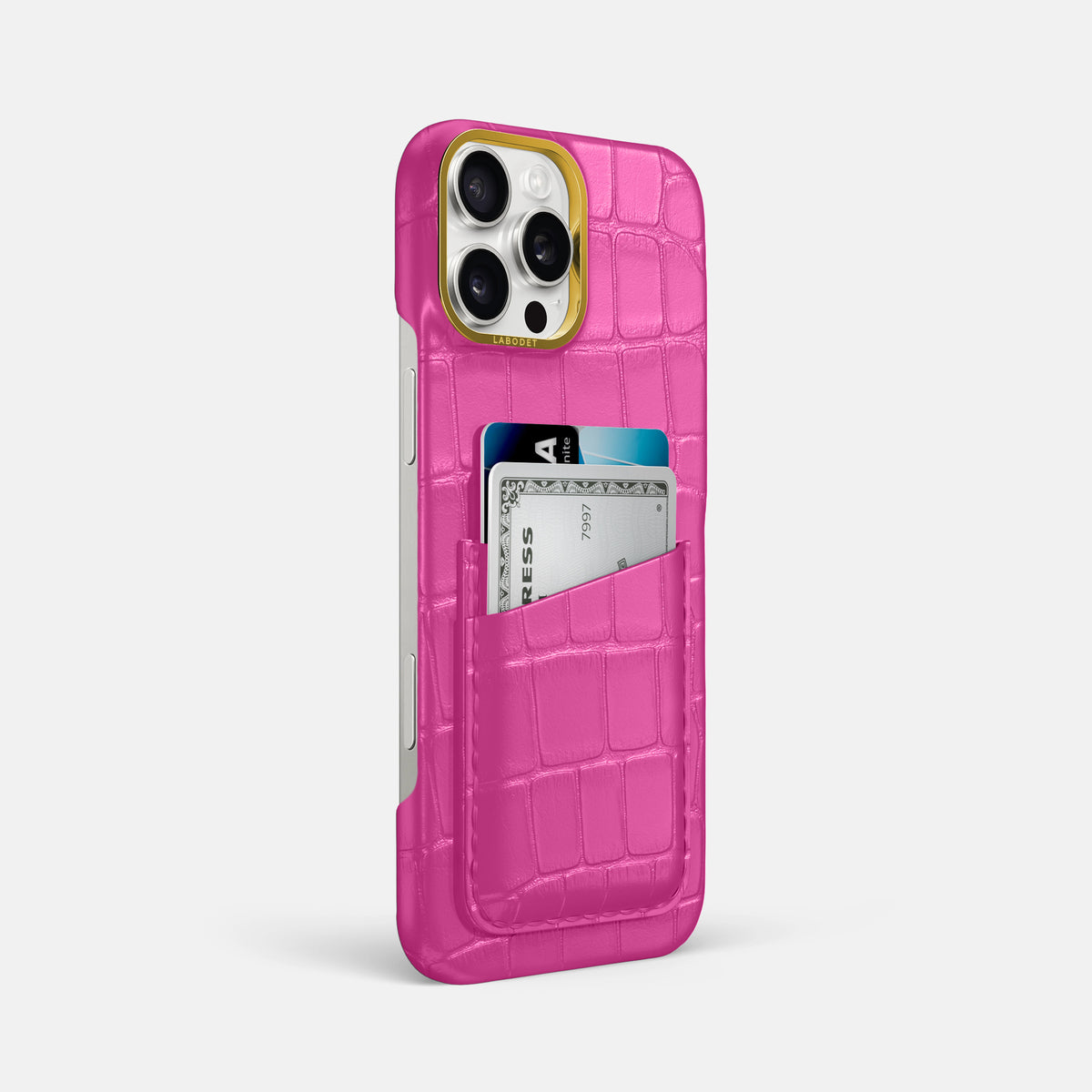 Fuchsia iPhone 16 Pro Max Double Card In Alligator with Gold Metal -2 | Fuchsia-Gold