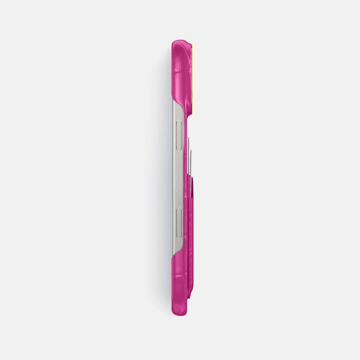 Fuchsia iPhone 16 Pro Max Double Card In Alligator with Gold Metal -3 | Fuchsia-Gold