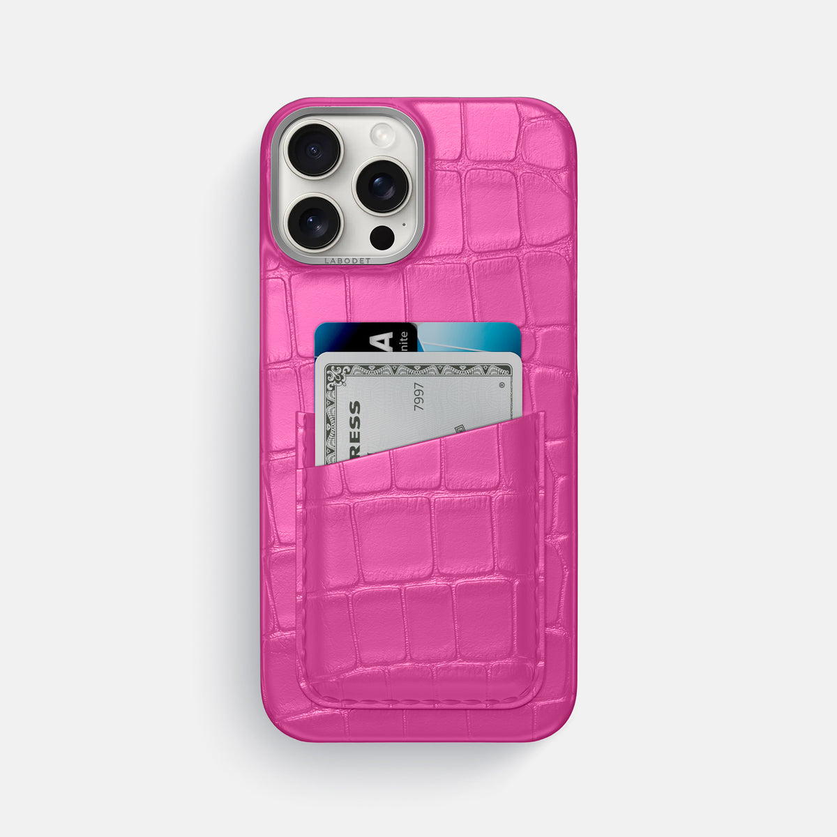 Fuchsia iPhone 16 Pro Max Card Case Alligator with Steel Metal -1 | Fuchsia-Steel