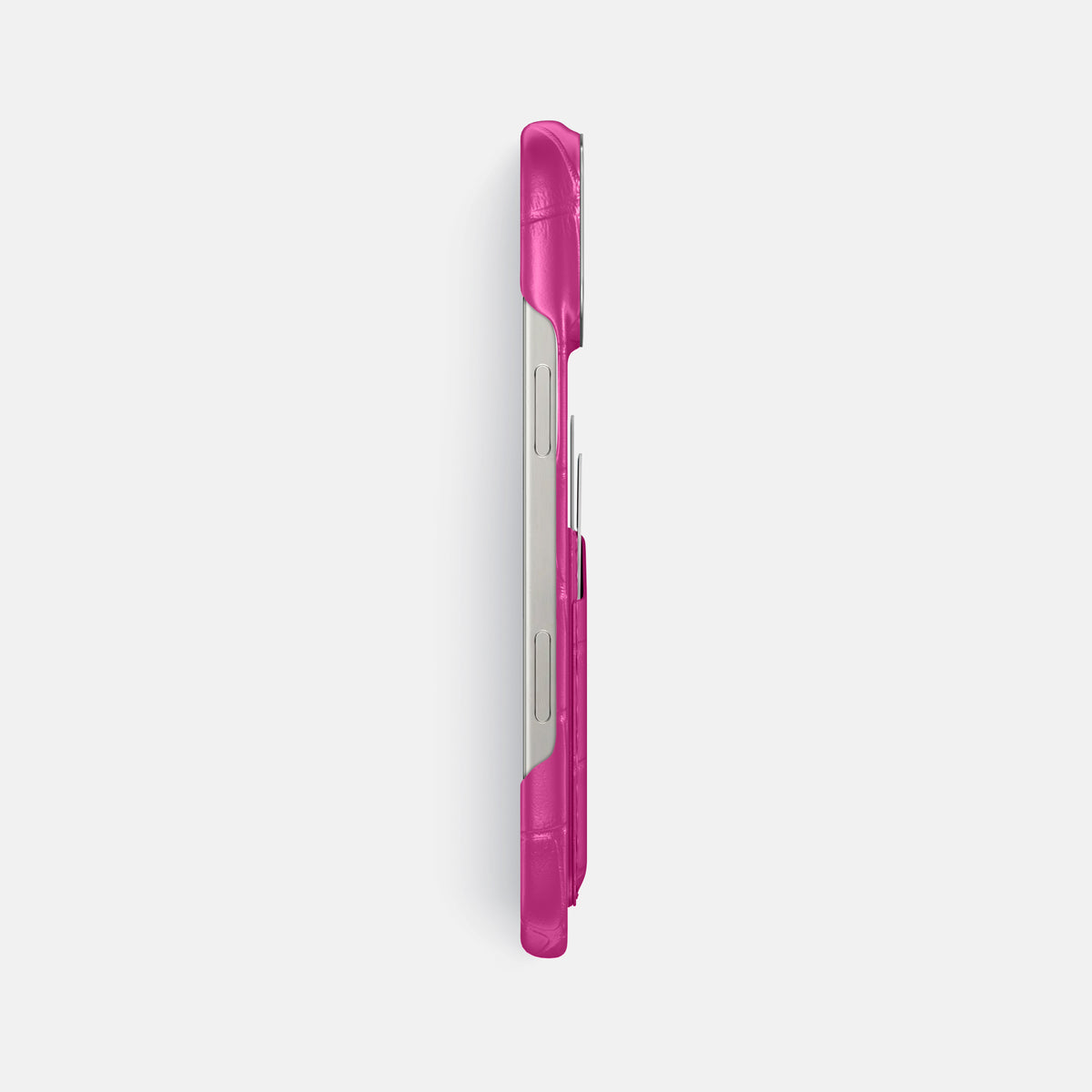 Fuchsia iPhone 16 Pro Max Card Case Alligator with Steel Metal -3 | Fuchsia-Steel