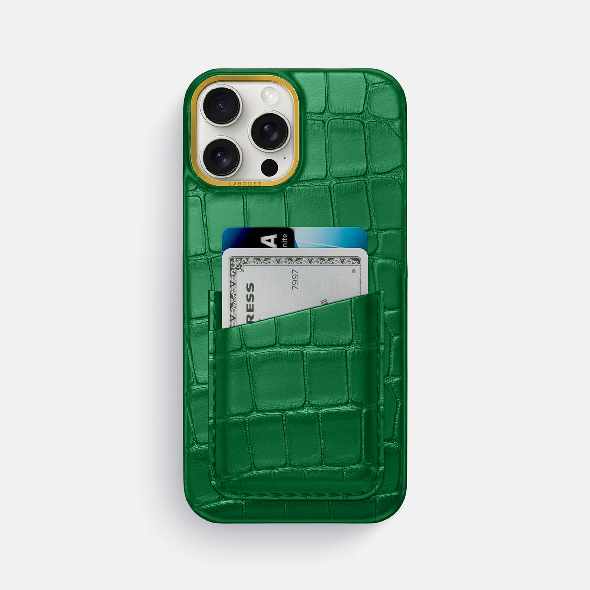 Forest-Green iPhone 16 Pro Max Double Card In Alligator with Gold Metal -1 | Forest-Green-Gold