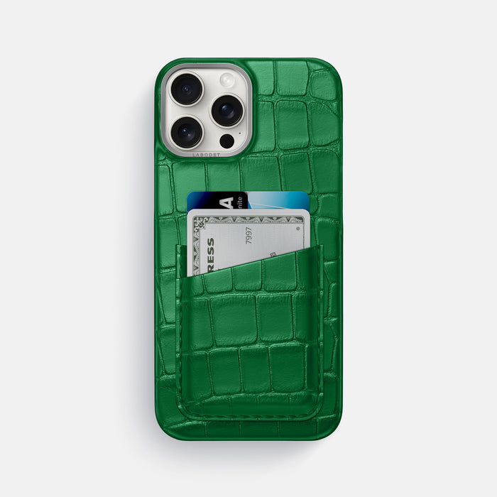 Forest-Green iPhone 16 Pro Max Double Card In Alligator with Steel Metal -1 | Forest-Green-Steel