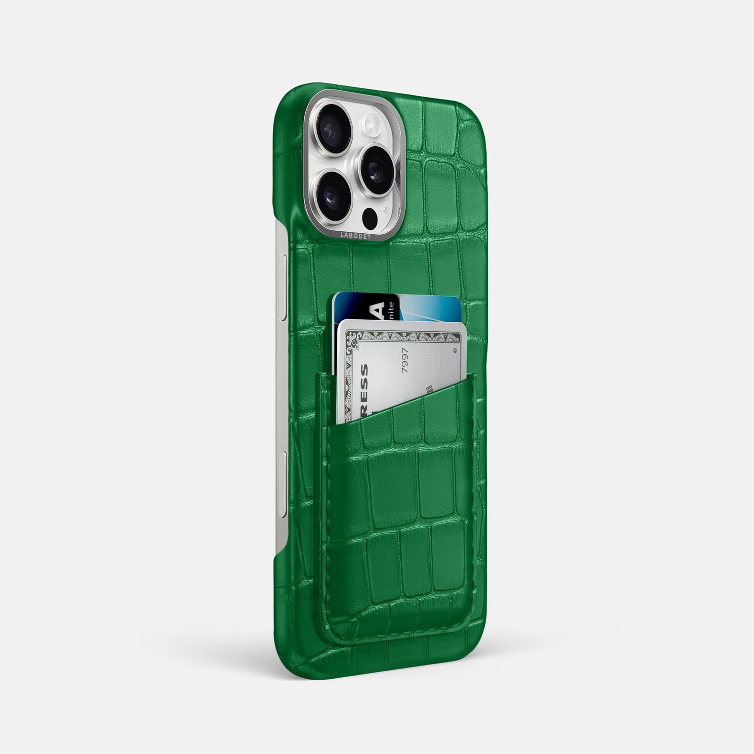 Forest-Green iPhone 16 Pro Max Double Card In Alligator with Steel Metal -2 | Forest-Green-Steel