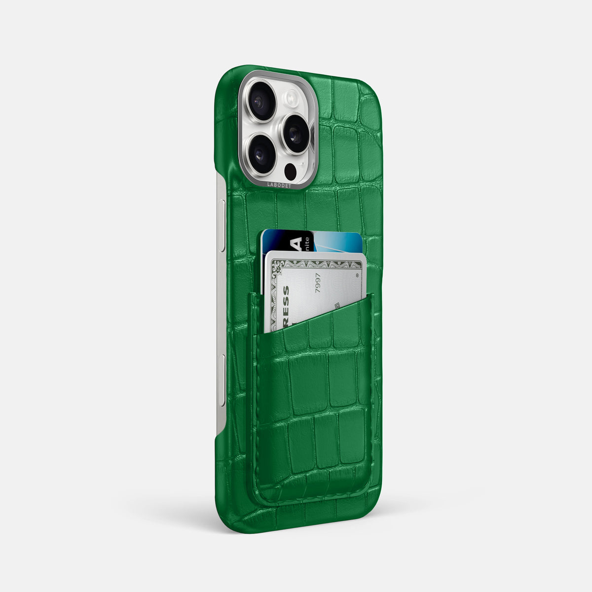Forest-Green iPhone 16 Pro Max Double Card In Alligator with Steel Metal -2 | Forest-Green-Steel