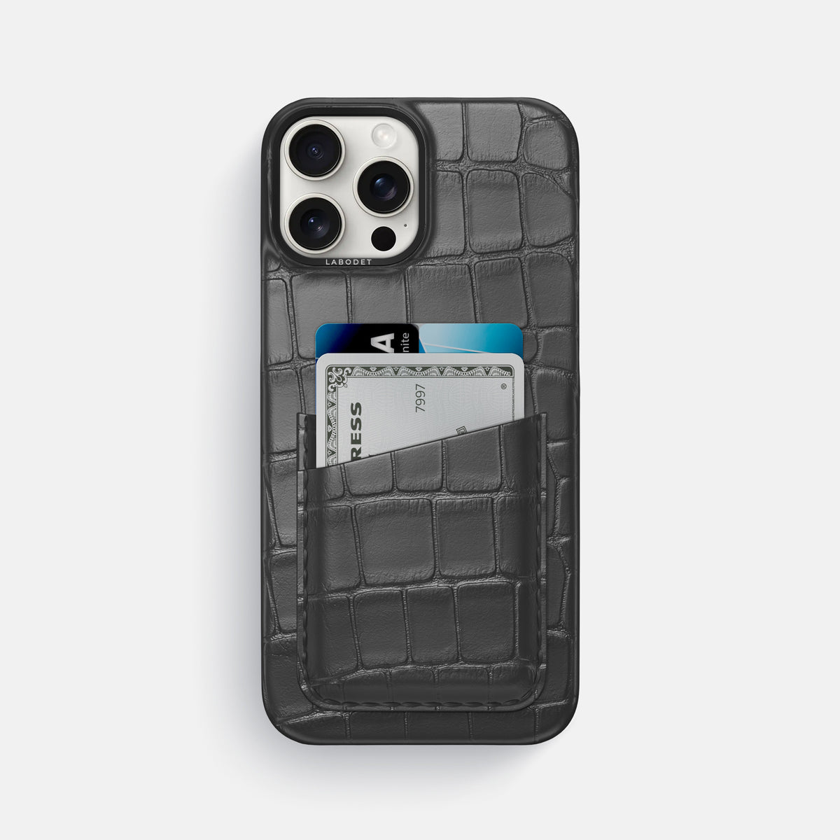 Grey iPhone 16 Pro Max Card Case Alligator with Black Metal -1 | Grey-Black