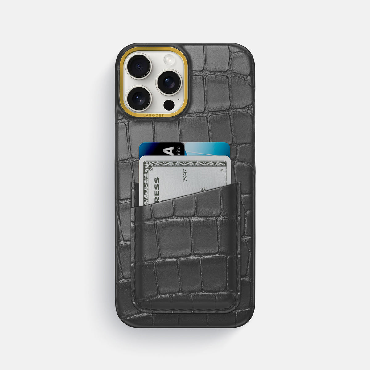 Grey iPhone 16 Pro Max Double Card In Alligator with Gold Metal -1 | Grey-Gold