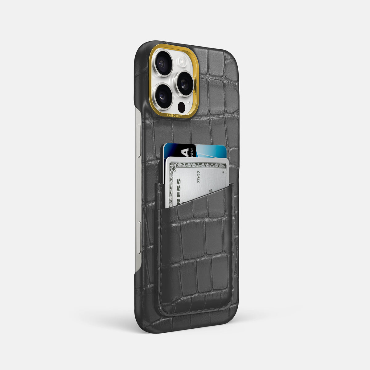 Grey iPhone 16 Pro Max Double Card In Alligator with Gold Metal -2 | Grey-Gold