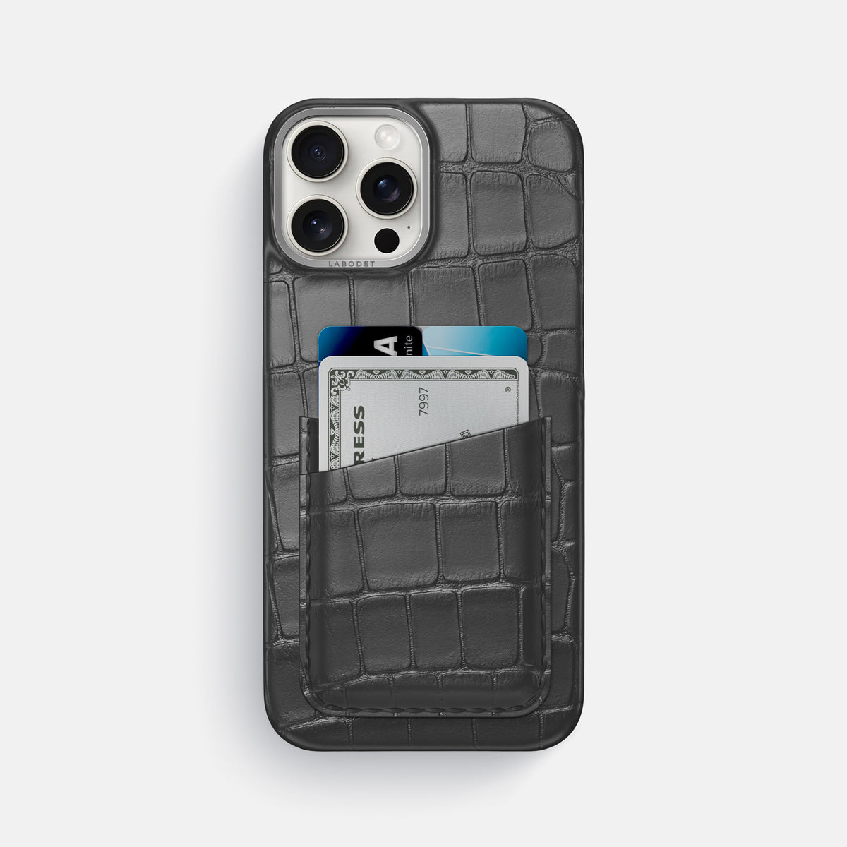 Grey iPhone 16 Pro Max Card Case Alligator with Steel Metal -1 | Grey-Steel