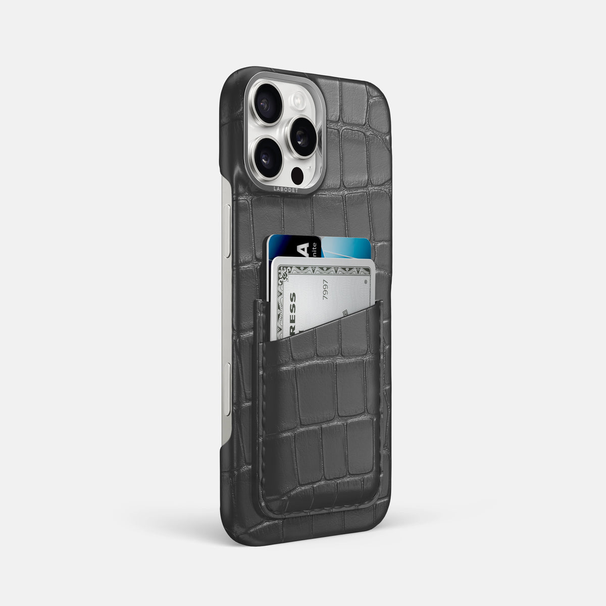 Grey iPhone 16 Pro Max Card Case Alligator with Steel Metal -2 | Grey-Steel