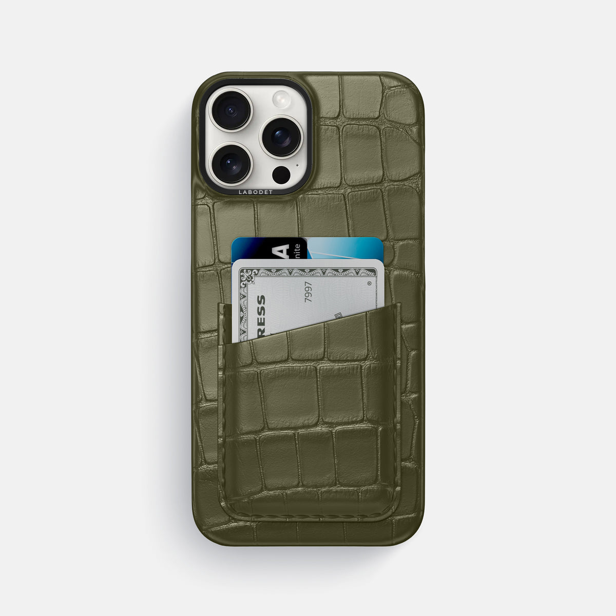 Kaki-Green iPhone 16 Pro Max Card Case Alligator with Black Metal -1 | Kaki-Green-Black