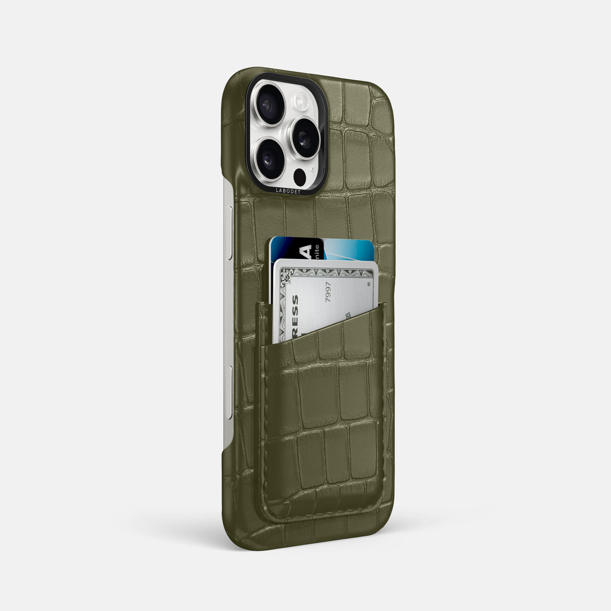 Kaki-Green iPhone 16 Pro Max Card Case Alligator with Black Metal -2 | Kaki-Green-Black