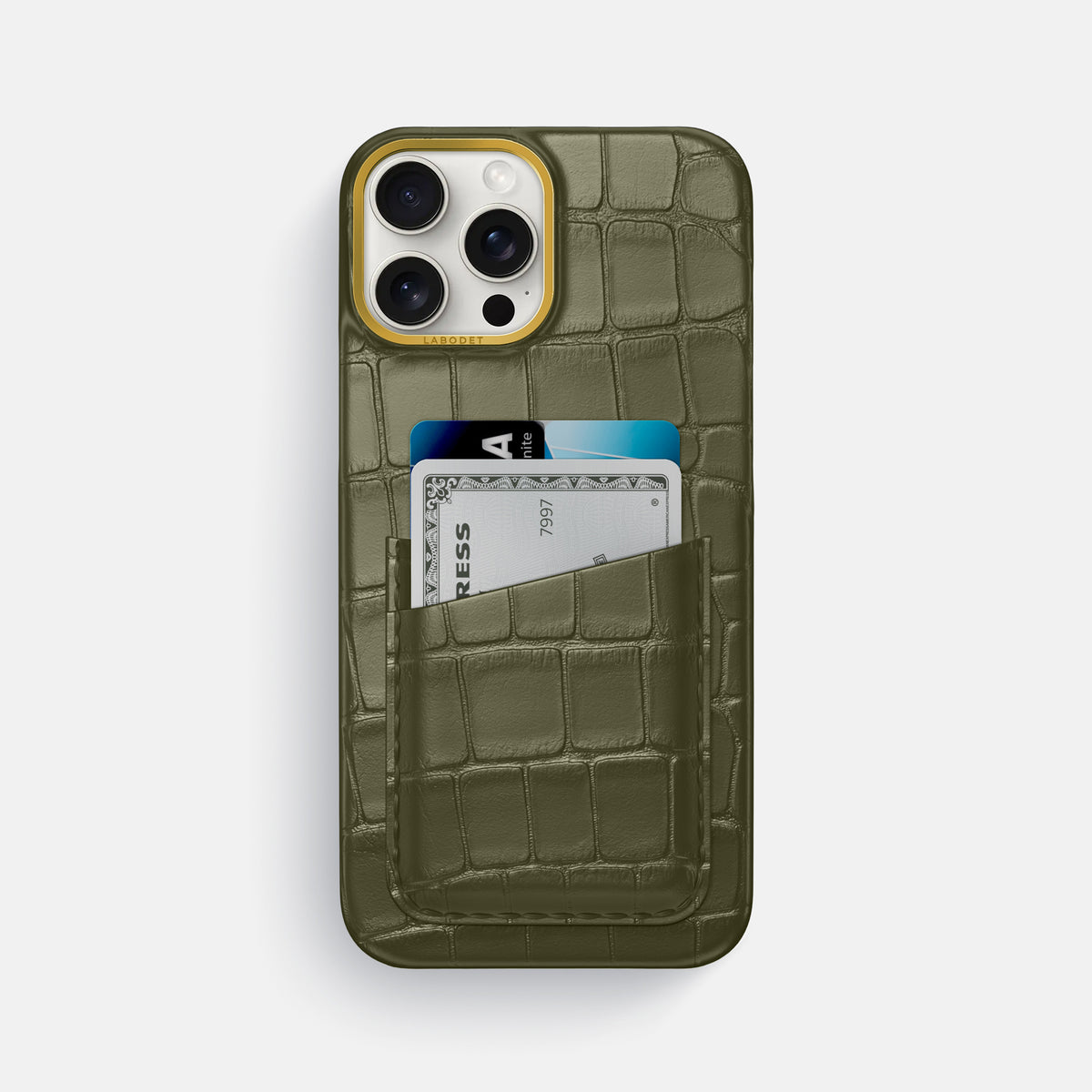 Kaki-Green iPhone 16 Pro Max Double Card In Alligator with Gold Metal -1 | Kaki-Green-Gold
