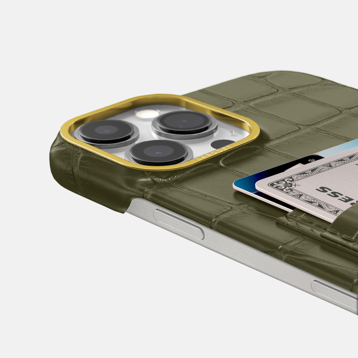 Kaki-Green iPhone 16 Pro Max Double Card In Alligator with Gold Metal -5 | Kaki-Green-Gold