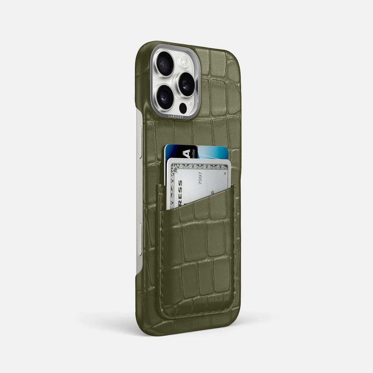Kaki-Green iPhone 16 Pro Max Card Case Alligator with Steel Metal -2 | Kaki-Green-Steel