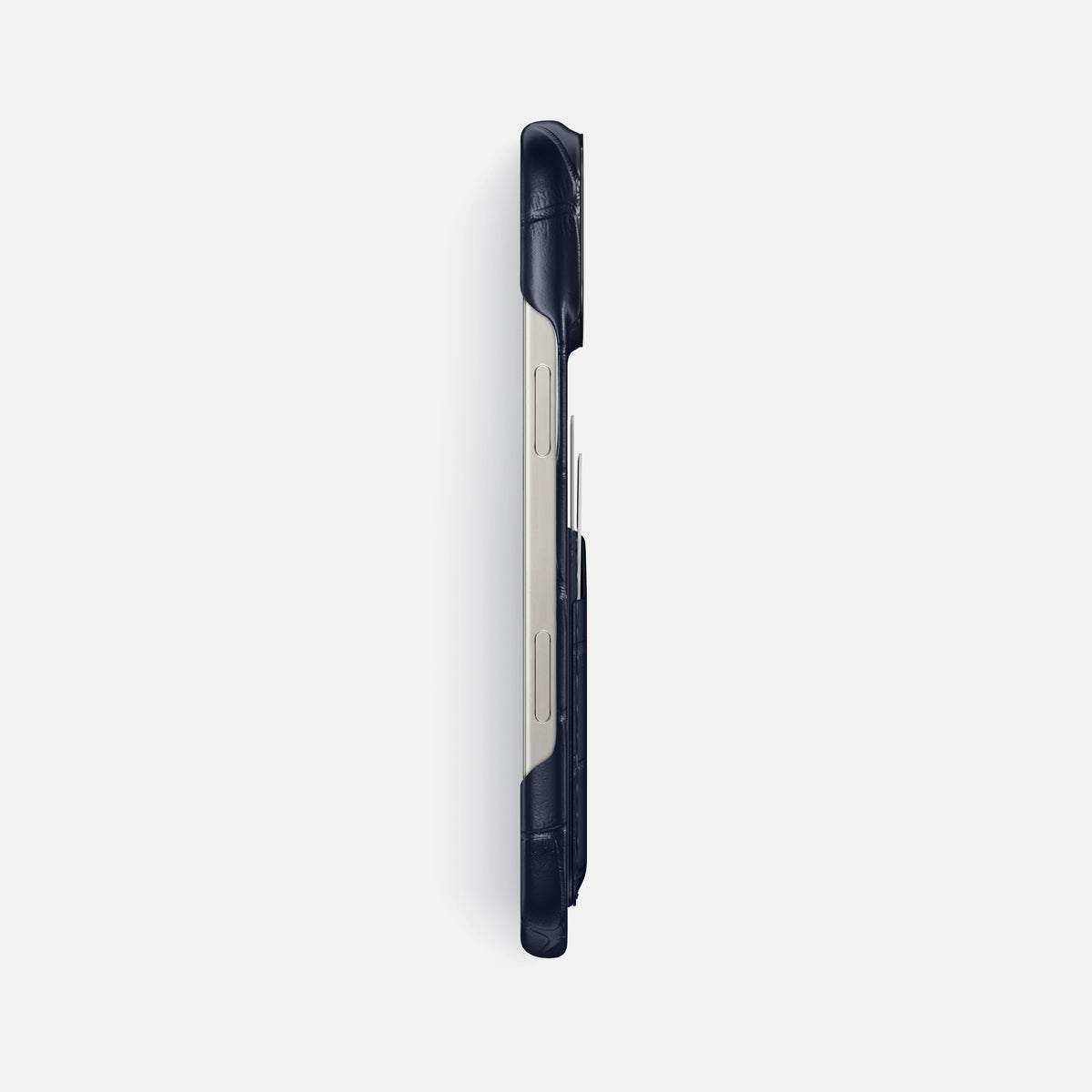 Navy Blue iPhone 16 Pro Max Card Case Alligator with Black Metal -3 | Navy-Blue-Black
