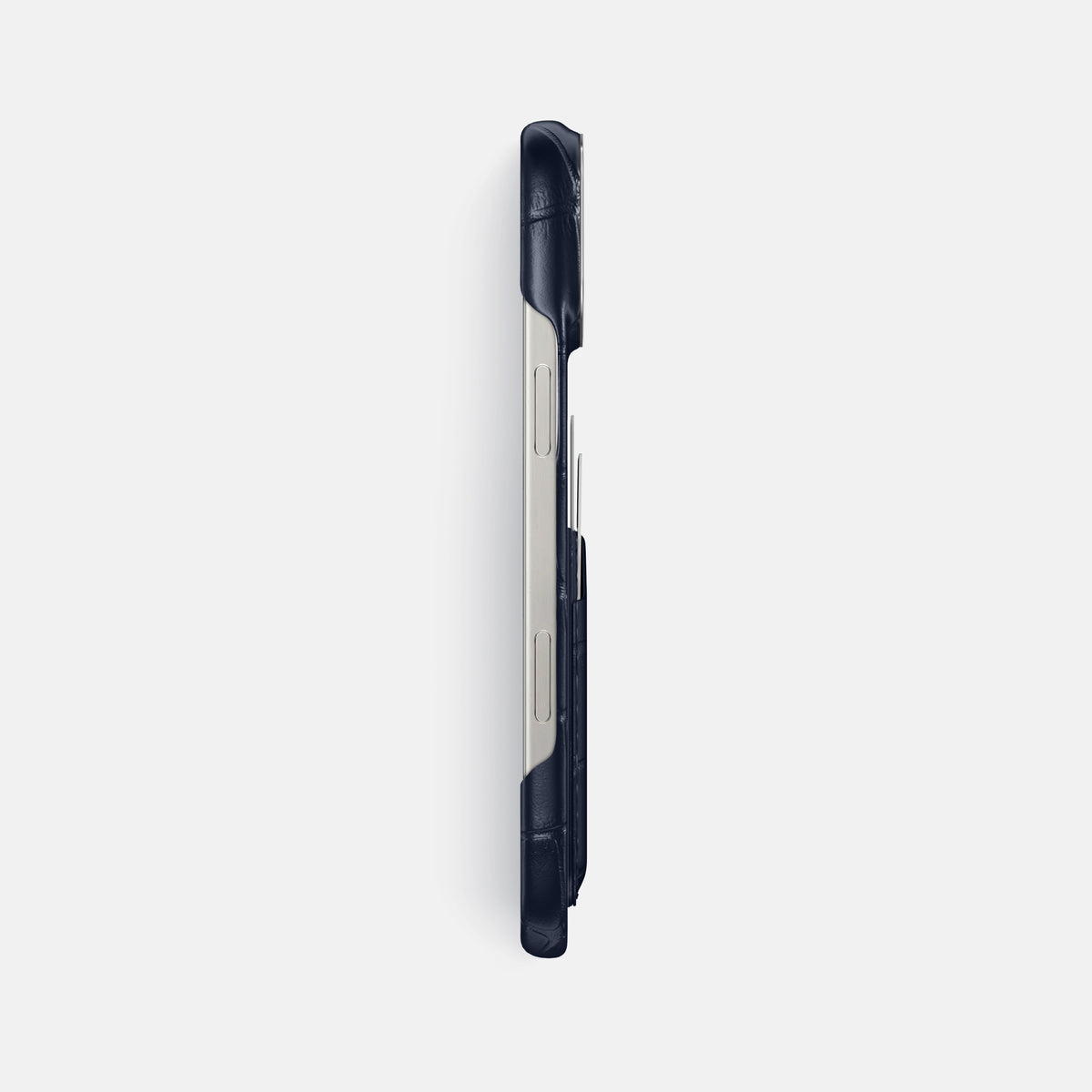 Navy Blue iPhone 16 Pro Max Card Case Alligator with Steel Metal -3 | Navy-Blue-Steel