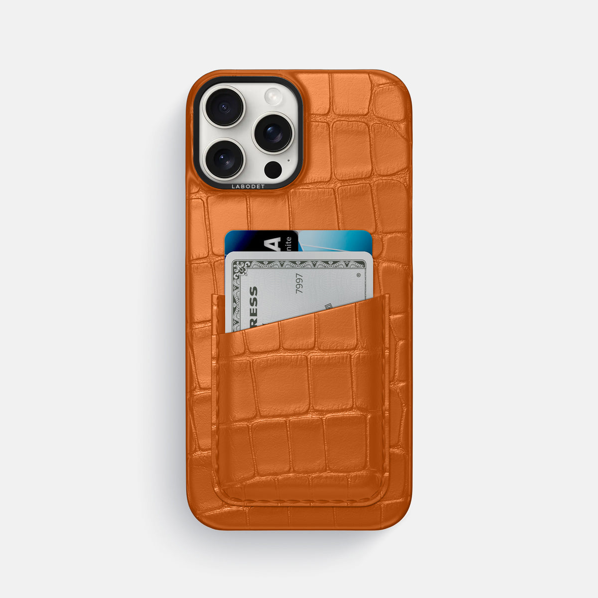 Orange iPhone 16 Pro Max Card Case Alligator with Black Metal -1 | Orange-Black