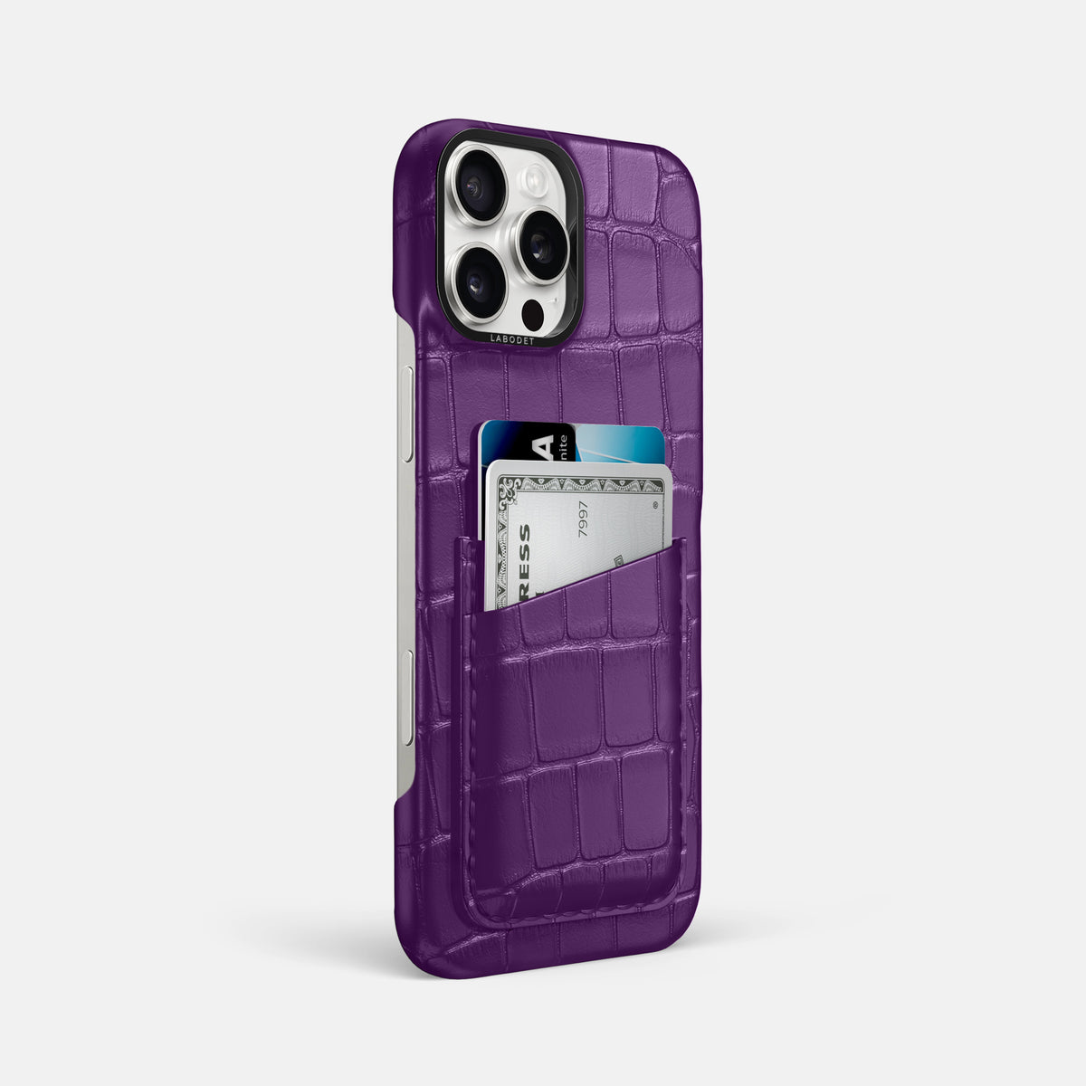Purple iPhone 16 Pro Max Card Case Alligator with Black Metal -2 | Purple-Black