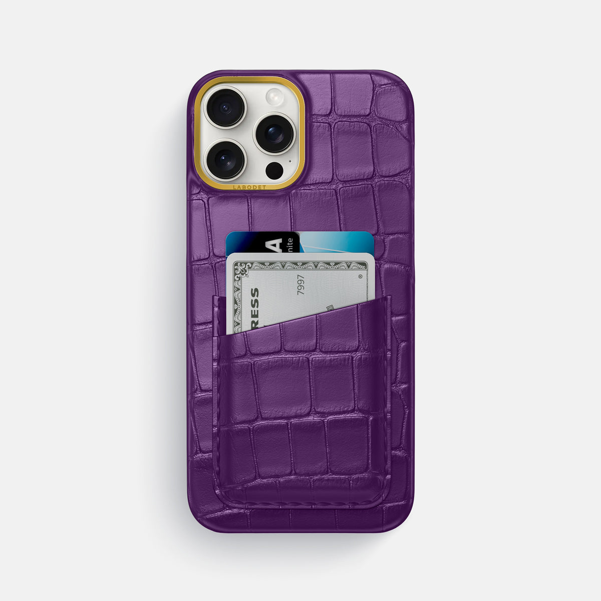 Purple iPhone 16 Pro Max Double Card In Alligator with Gold Metal -1 | Purple-Gold
