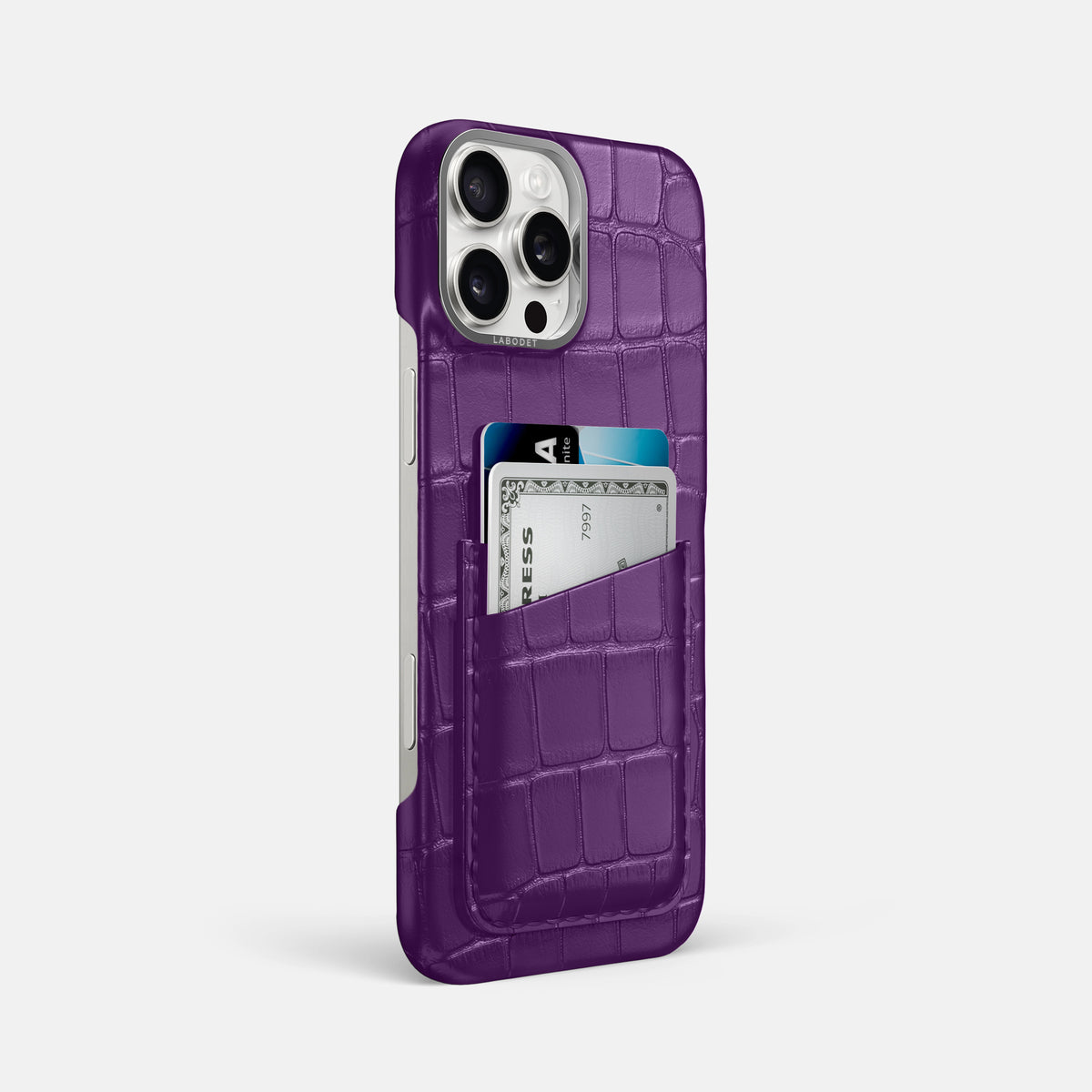 Purple iPhone 16 Pro Max Card Case Alligator with Steel Metal -2 | Purple-Steel