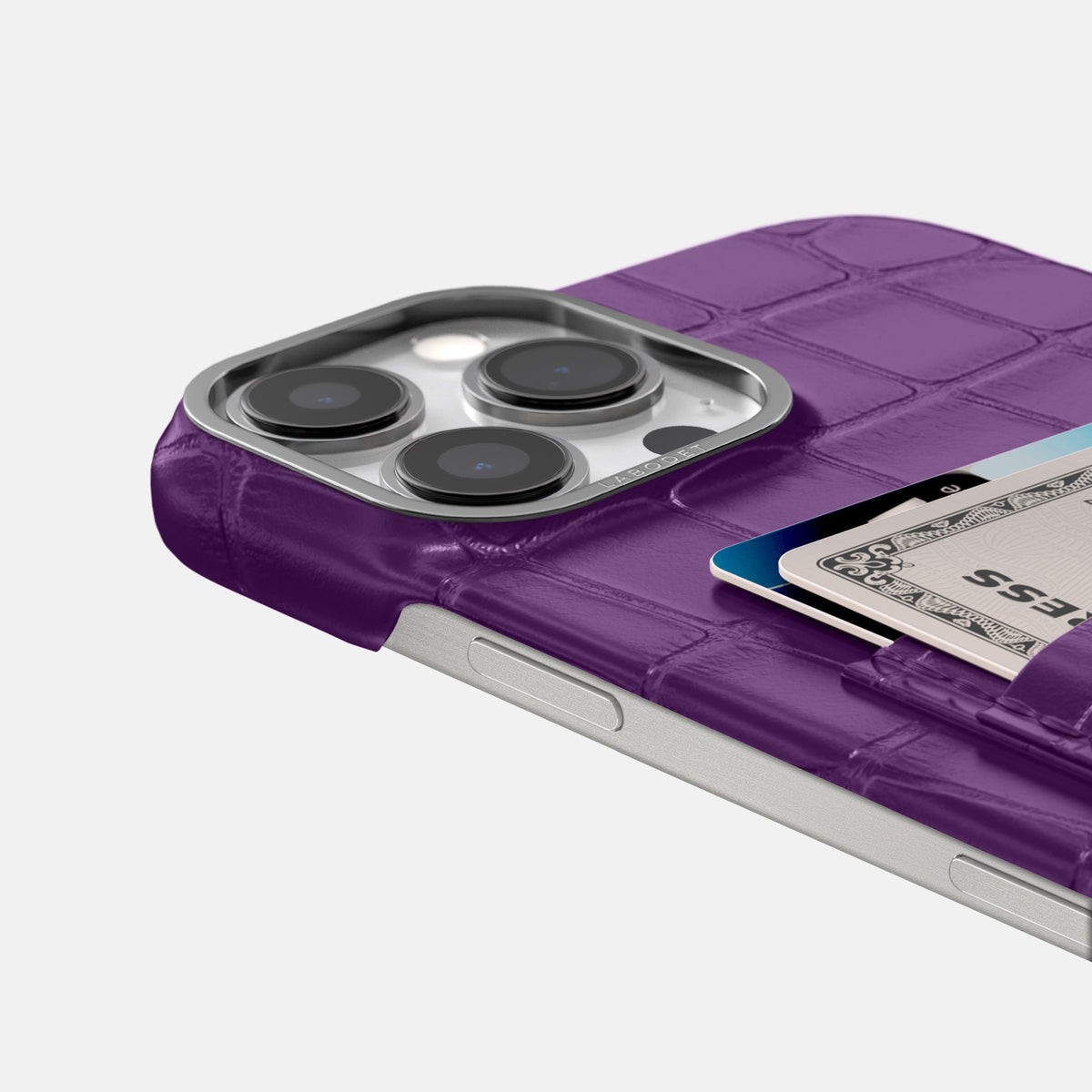Purple iPhone 16 Pro Max Card Case Alligator with Steel Metal -5 | Purple-Steel