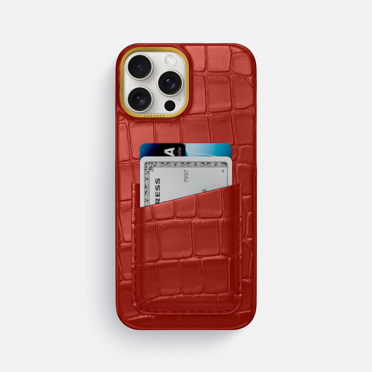 Red iPhone 16 Pro Max Double Card In Alligator with Gold Metal -1 | Red-Gold