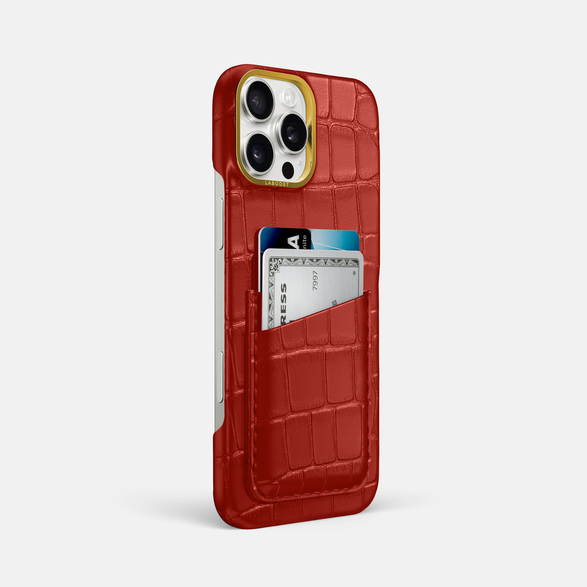 Red iPhone 16 Pro Max Double Card In Alligator with Gold Metal -2 | Red-Gold