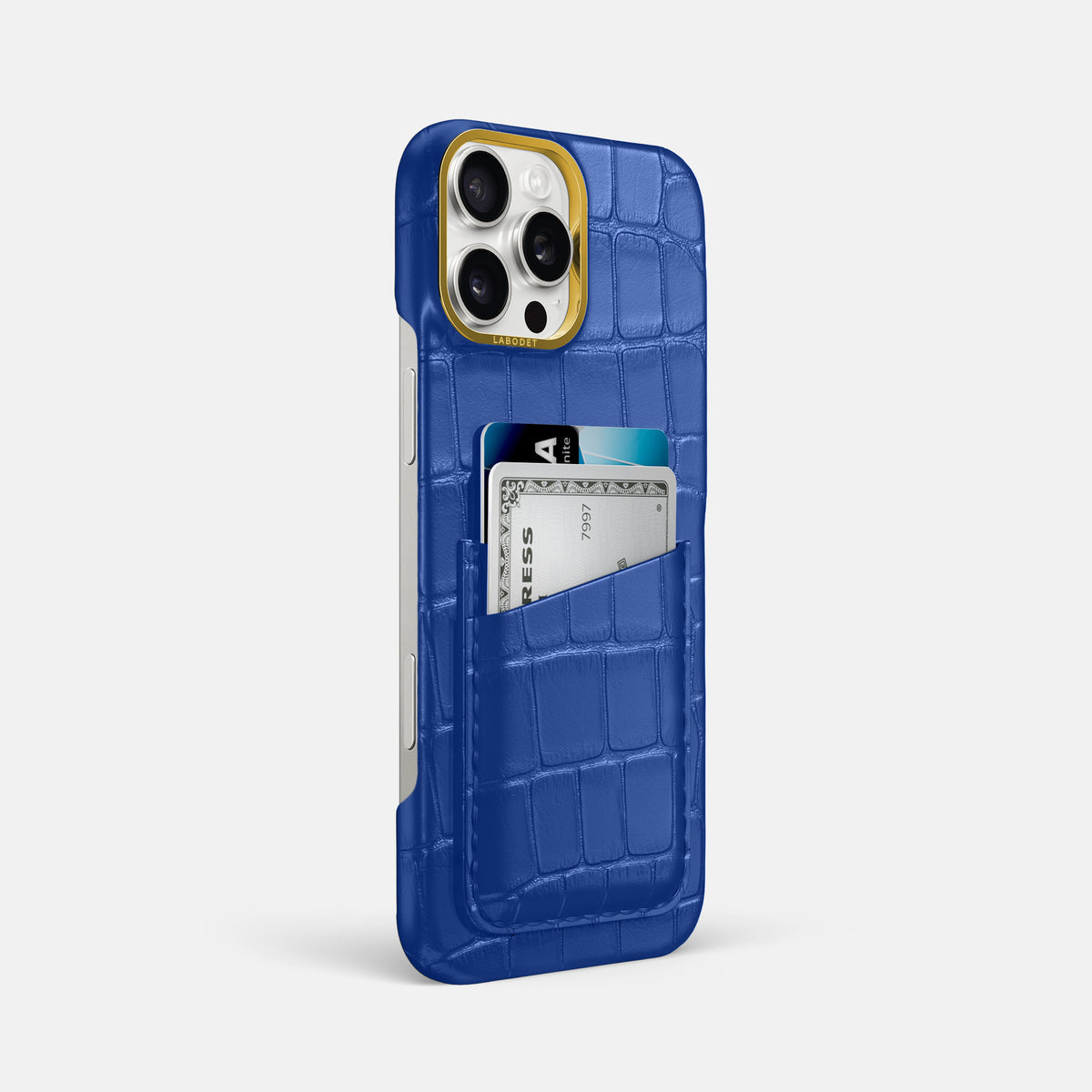 Royal Blue iPhone 16 Pro Max Double Card In Alligator with Gold Metal -2 | Royal-Blue-Gold