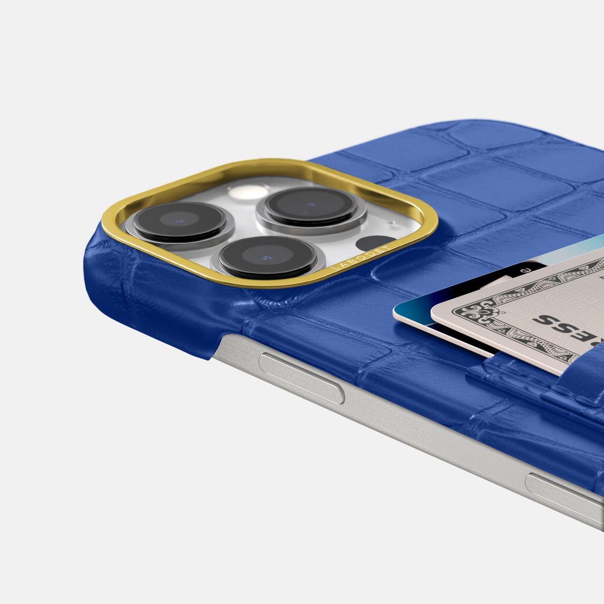 Royal Blue iPhone 16 Pro Max Double Card In Alligator with Gold Metal -5 | Royal-Blue-Gold